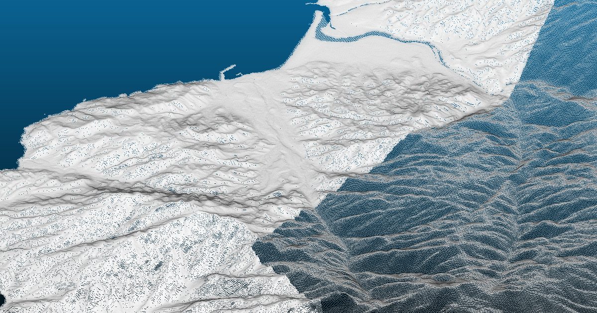 DEMから生成した点群データの3D俯瞰。海岸線と山地の地形が点の濃淡で表現されている