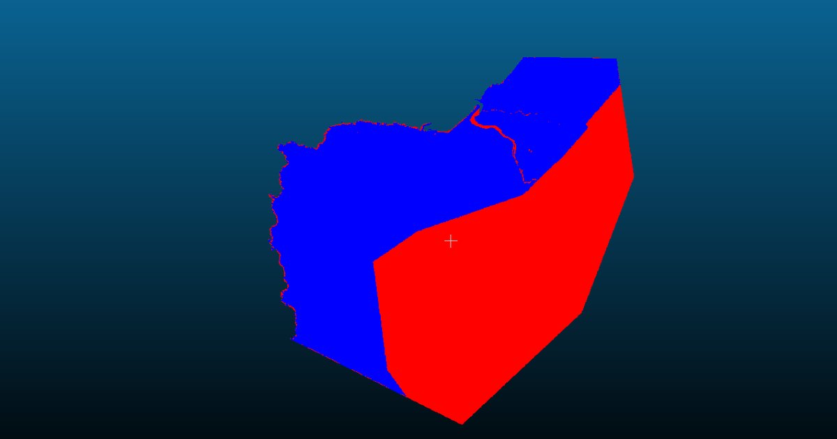 hoshitori GEOで国土地理院のDEMから生成した点群データを3D表示した画面。データ源の違いにより赤と青の2色で塗り分けられている
